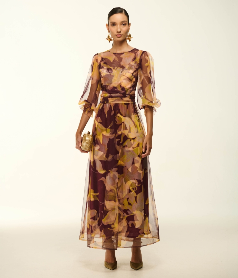 VESTIDO MIDI EM TULE COM ESTAMPA EXCLUSIVA ORQUÍDEA 