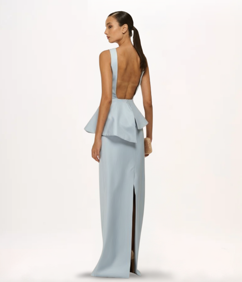 CONJUNTO ESTRUTURADO EM ZIBELINE COM TOP PEPLUM E SAIA LONGA