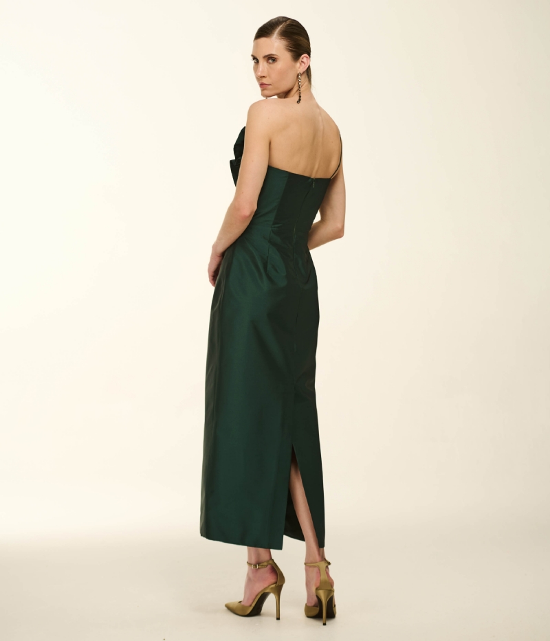 VESTIDO MIDI EM TAFETÁ DE UM OMBRO SÓ COM BABADOS