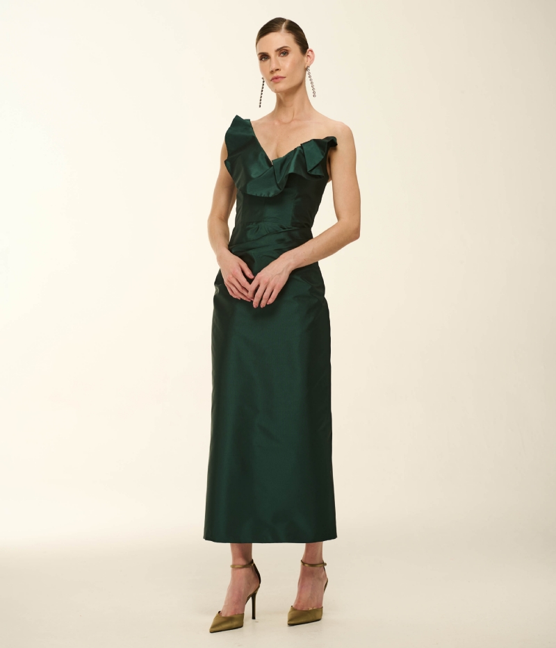 VESTIDO MIDI EM TAFETÁ DE UM OMBRO SÓ COM BABADOS