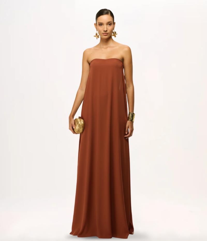 VESTIDO LONGO TOMARA QUE CAIA EM CREPE FLUIDO COM FRENTE AMPLA