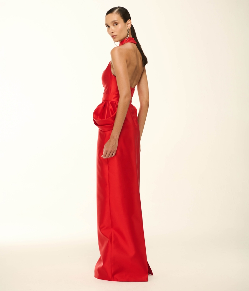 VESTIDO LONGO EM ZIBELINE COM DECOTE HALTER E PALA ESCULTURAL