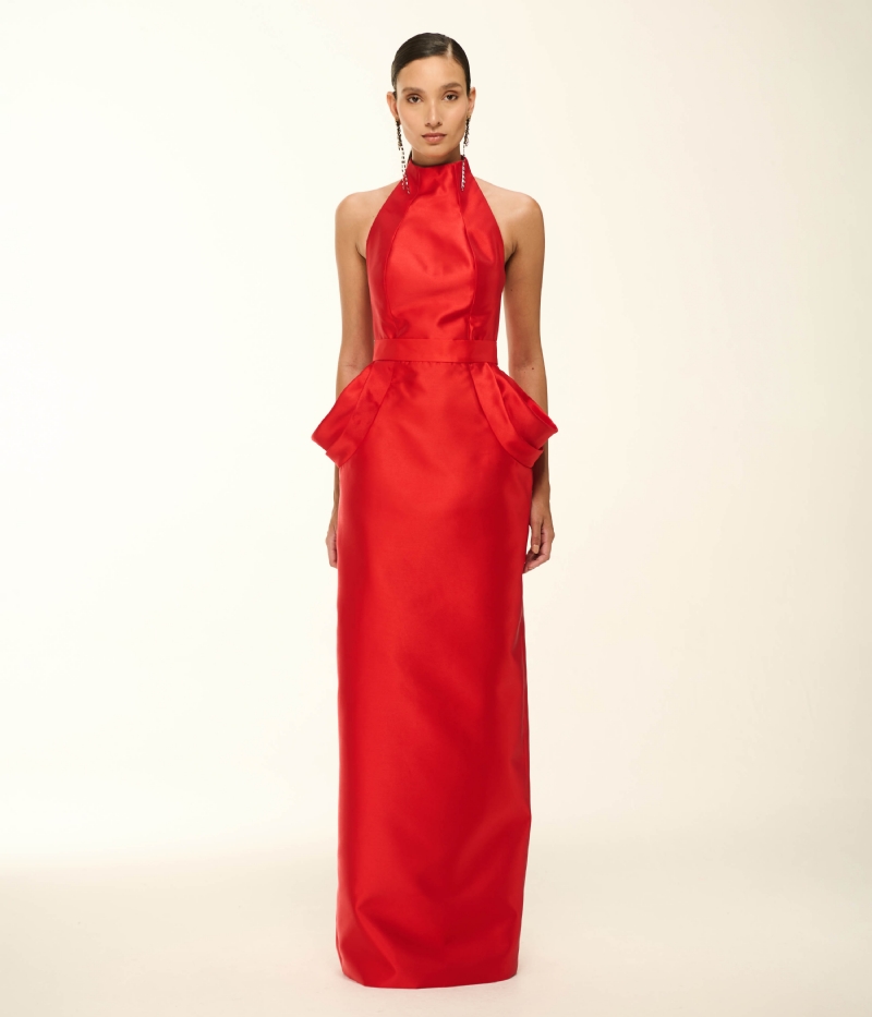 VESTIDO LONGO EM ZIBELINE COM DECOTE HALTER E PALA ESCULTURAL