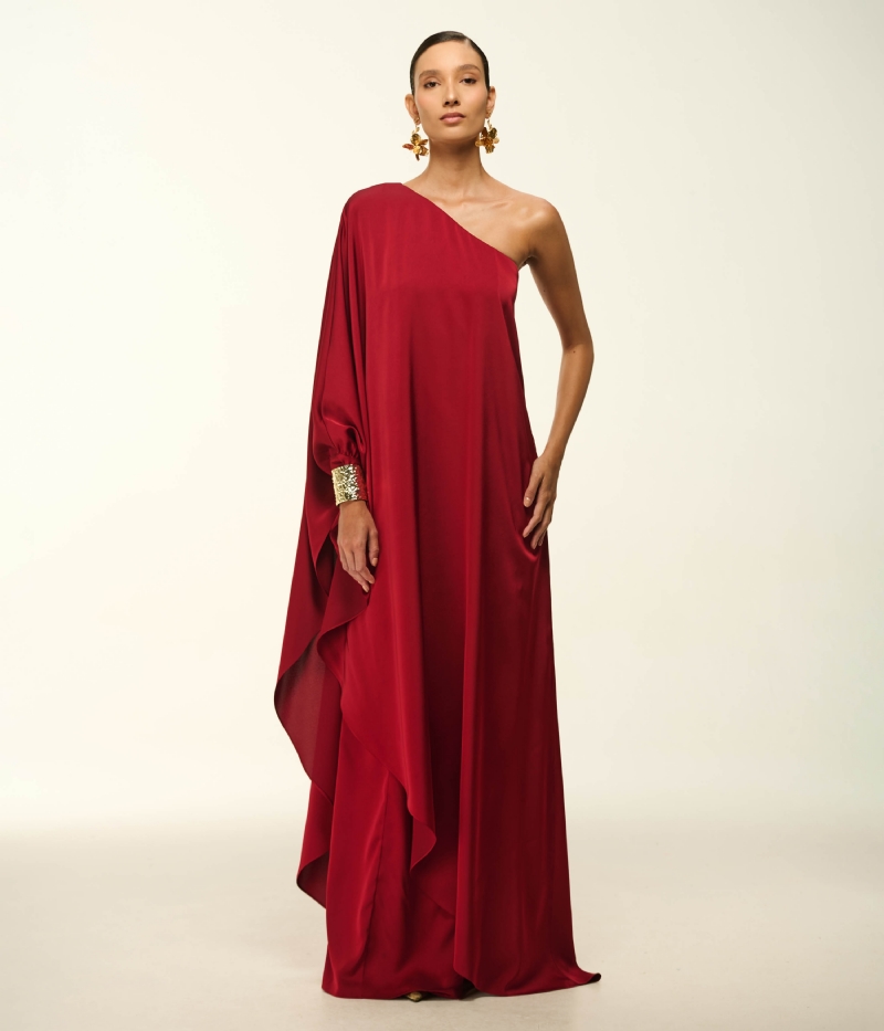 VESTIDO MIDI EM CETIM COM PUNHO BRACELETE EXCLUSIVO