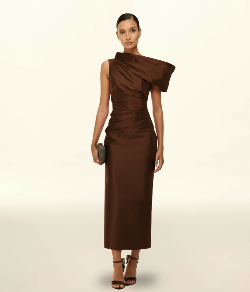 VESTIDO MIDI EM TAFETÁ COM DRAPEADO ASSIMÉTRICO