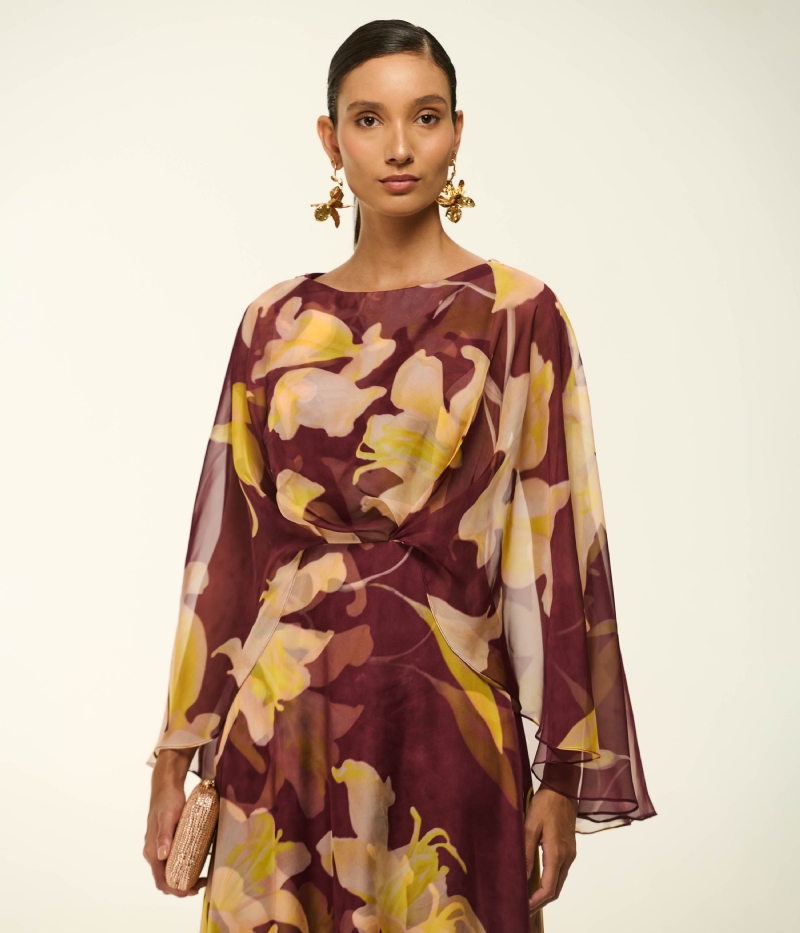 VESTIDO EM MUSSELINE COM ESTAMPA EXCLUSIVA DE ORQUÍDEA VIGNON