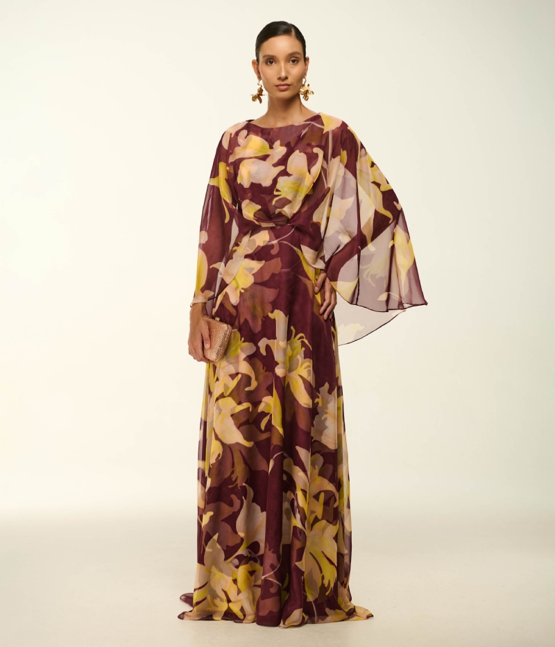VESTIDO EM MUSSELINE COM ESTAMPA EXCLUSIVA DE ORQUÍDEA VIGNON