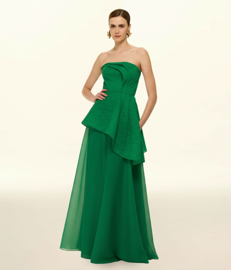 VESTIDO EM RENDA E ORGANZA COM CONSTRUÇÃO SOFISTICADA