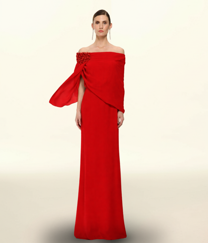 VESTIDO TOMARA QUE CAIA EM CREPE FLUIDO COM OMBRO BORDADO