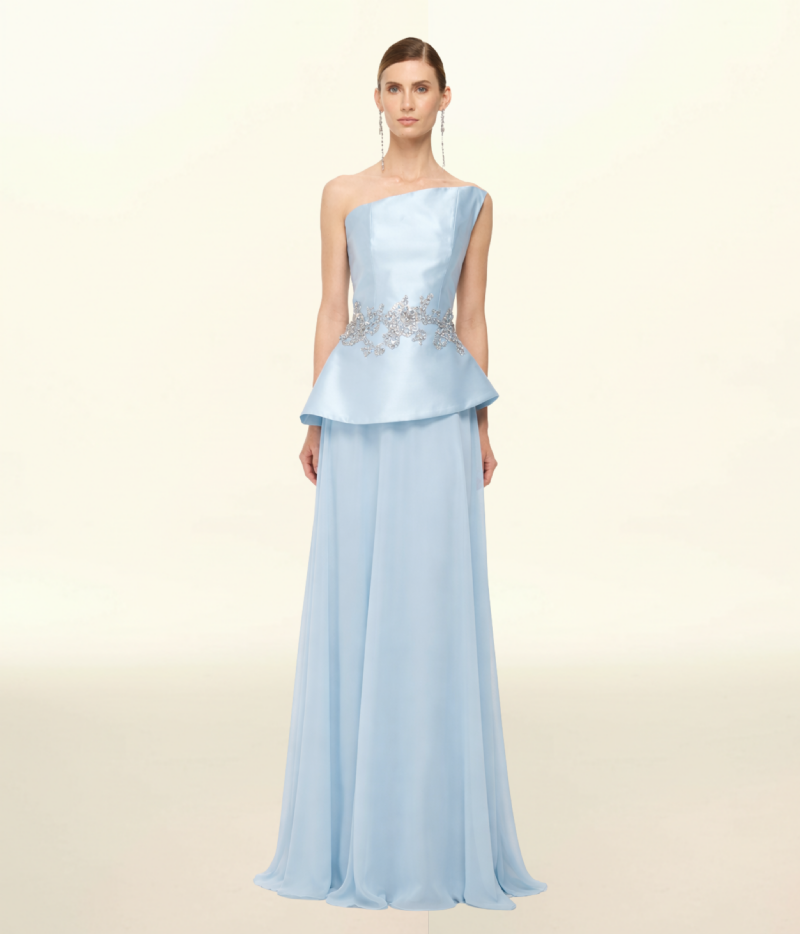 VESTIDO OMBRO ÚNICO EM ZIBELINE COM SAIA CHIFFON