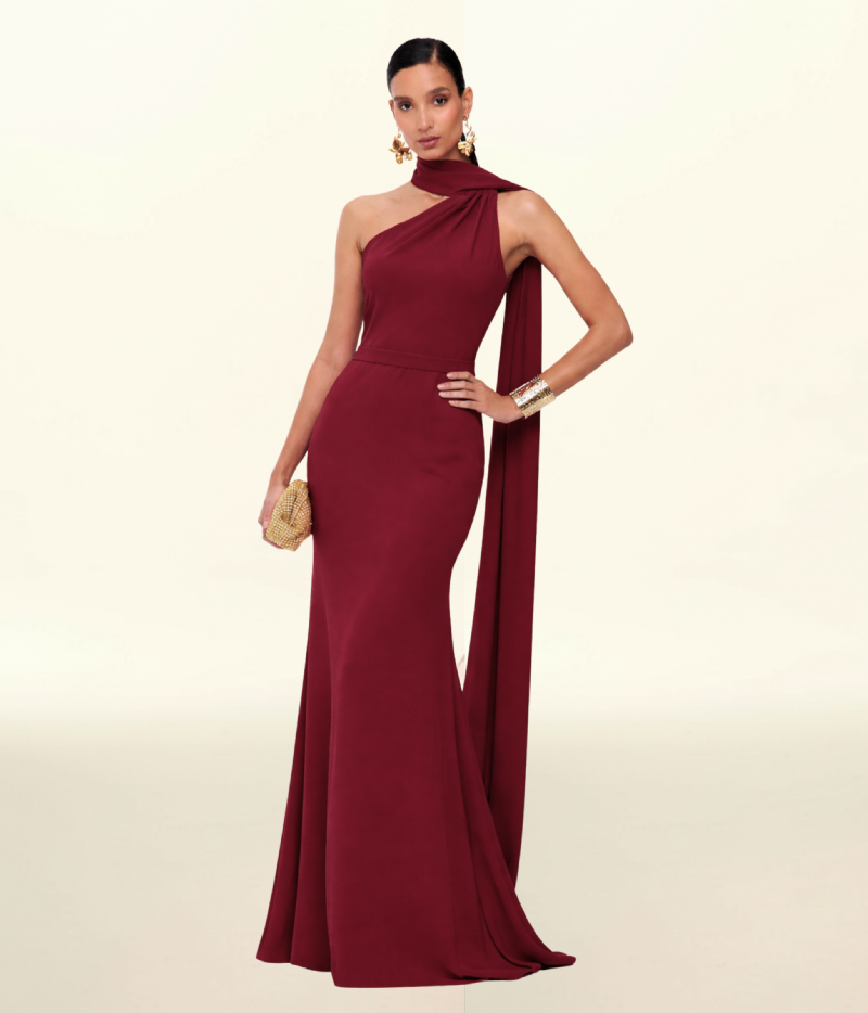VESTIDO ASSIMÉTRICO EM CREPE COM DRAPE OMBRO ÚNICO