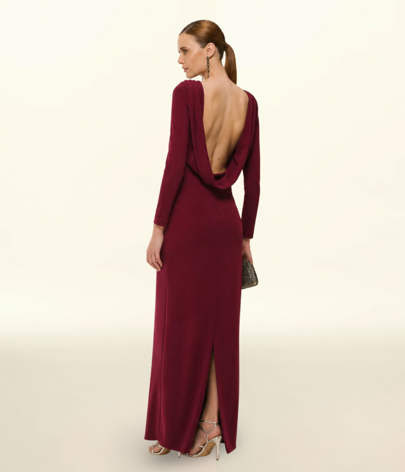 VESTIDO LONGO DE MANGA COMPRIDA COM DECOTE DRAPEADO NAS COSTAS