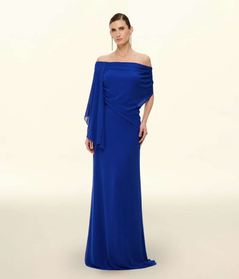 VESTIDO TOMARA QUE CAIA EM CREPE FLUIDO COM OMBRO ESCULTURAL