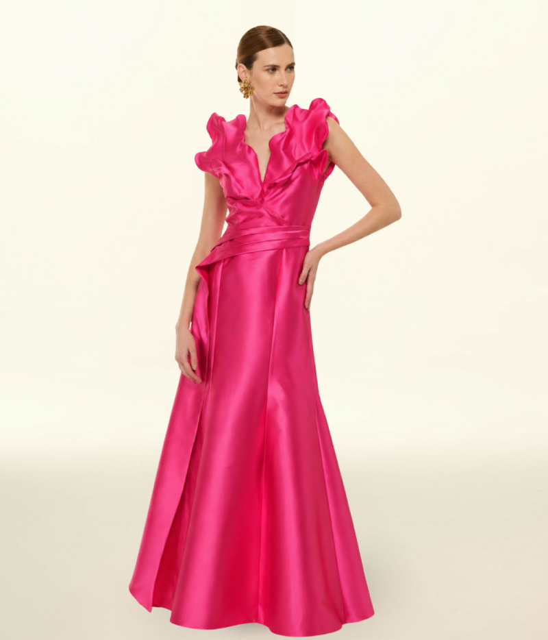 VESTIDO LONGO EM ZIBELINE COM VOLUMES ESCULTURAIS E CINTURA MARCADA