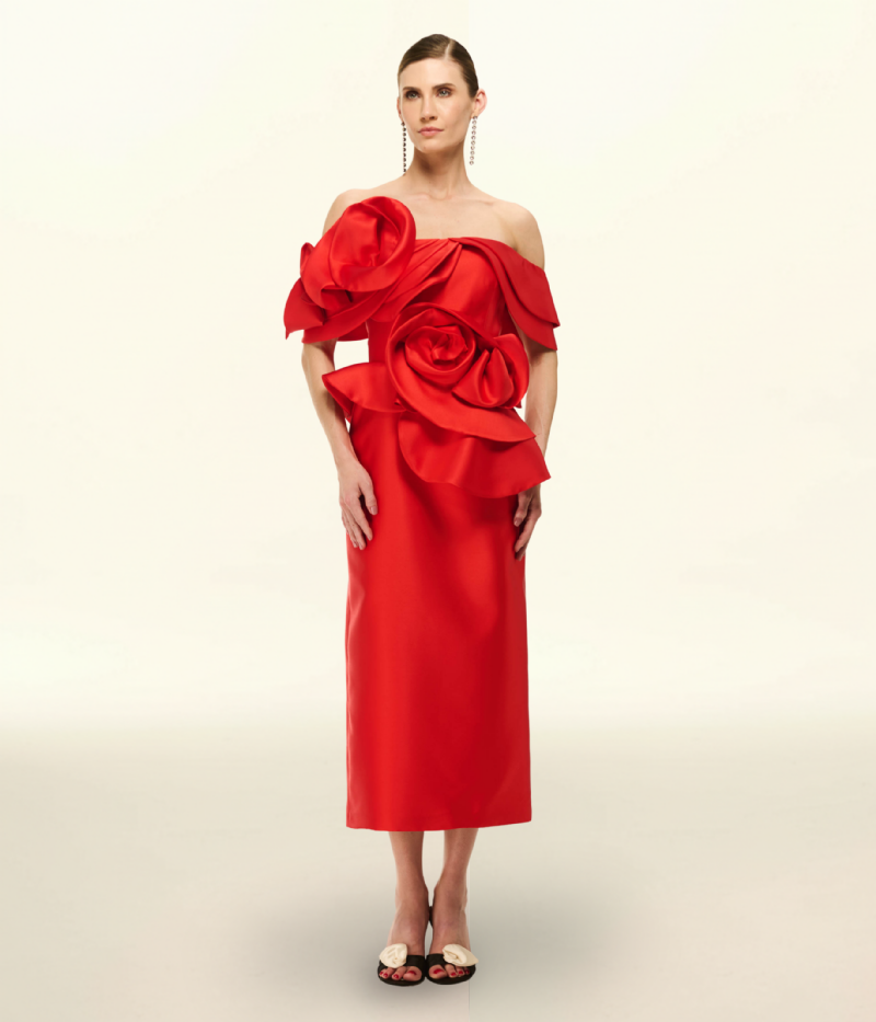 VESTIDO OFF-THE-SHOULDER EM ZIBELINE COM APLIQUES FLORAIS ESCULTURAIS