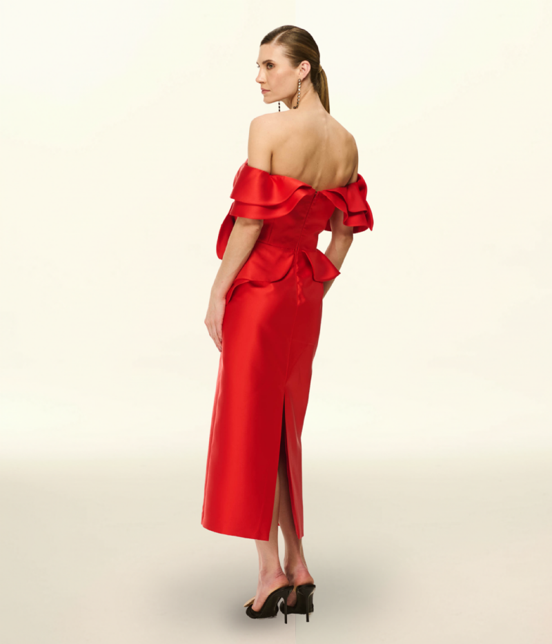VESTIDO OFF-THE-SHOULDER EM ZIBELINE COM APLIQUES FLORAIS ESCULTURAIS