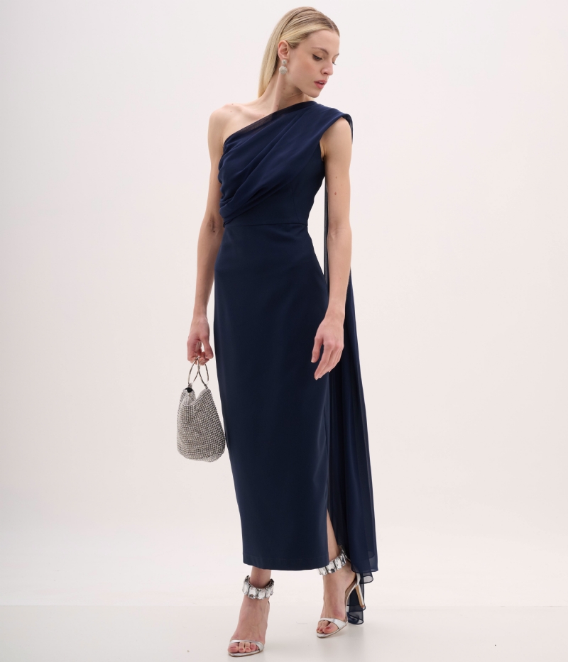 VESTIDO MIDI DETALHE OMBRO ECHARPE