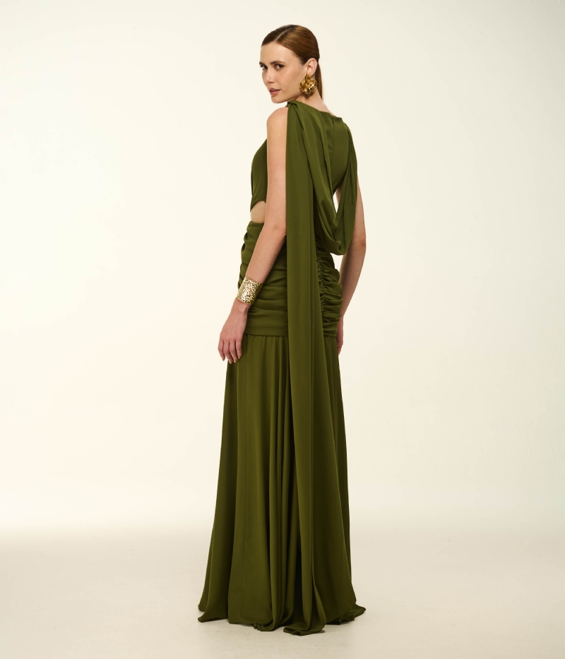 VESTIDO LONGO EM CREPE FLUIDO COM AMARRAÇÃO VERSÁTIL E DRAPES ESCULTURAIS