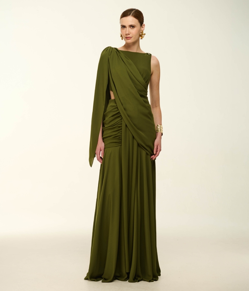 VESTIDO LONGO EM CREPE FLUIDO COM AMARRAÇÃO VERSÁTIL E DRAPES ESCULTURAIS