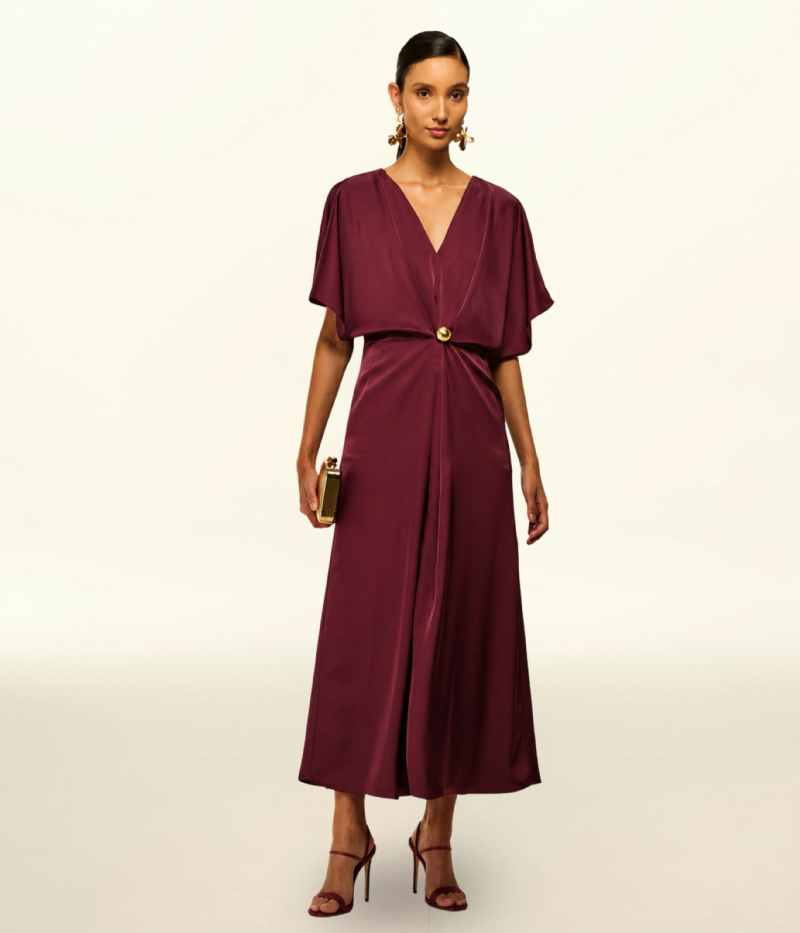 VESTIDO MIDI EM CETIM COM DECOTE V E CINTURA ESTRUTURADA