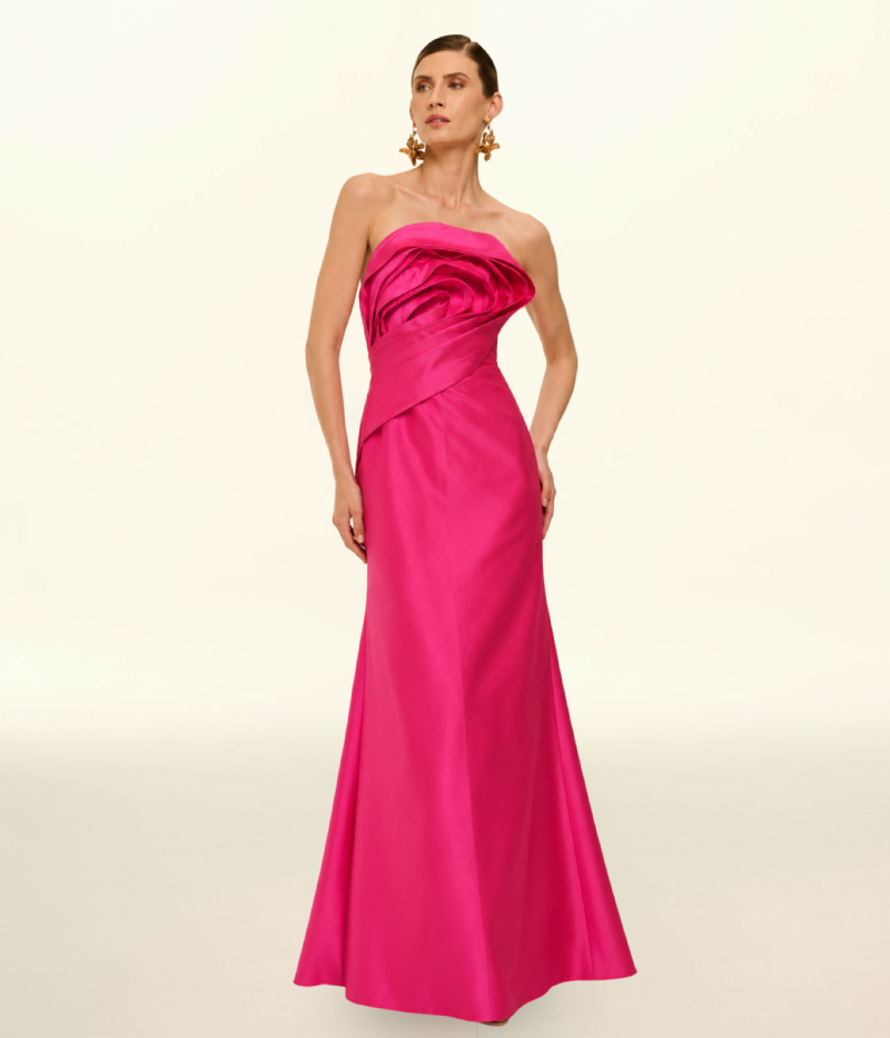 VESTIDO LONGO SEREIA EM TAFETÁ COM BUSTO ESCULTURAL