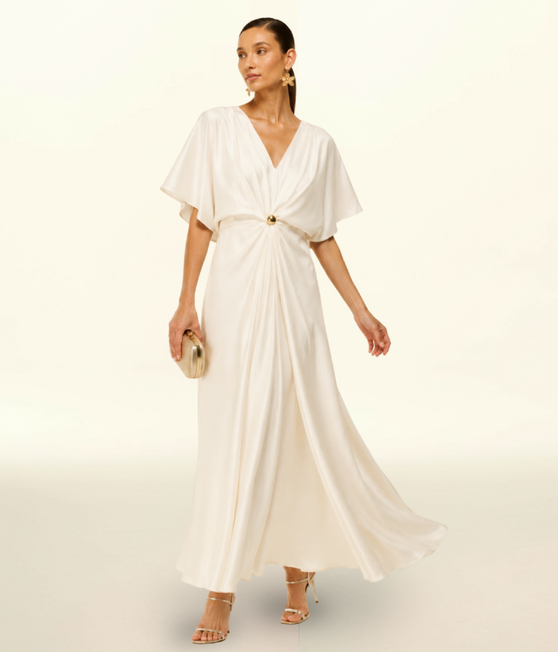 VESTIDO MIDI EM CETIM COM DECOTE V E CINTURA ESTRUTURADA