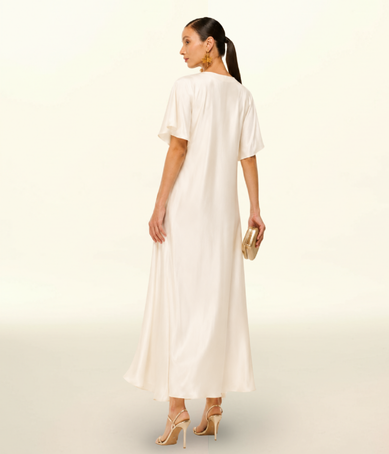 VESTIDO MIDI EM CETIM COM DECOTE V E CINTURA ESTRUTURADA