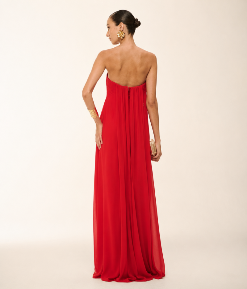 VESTIDO LONGO TOMARA QUE CAIA COM CORPETE DRAPEADO
