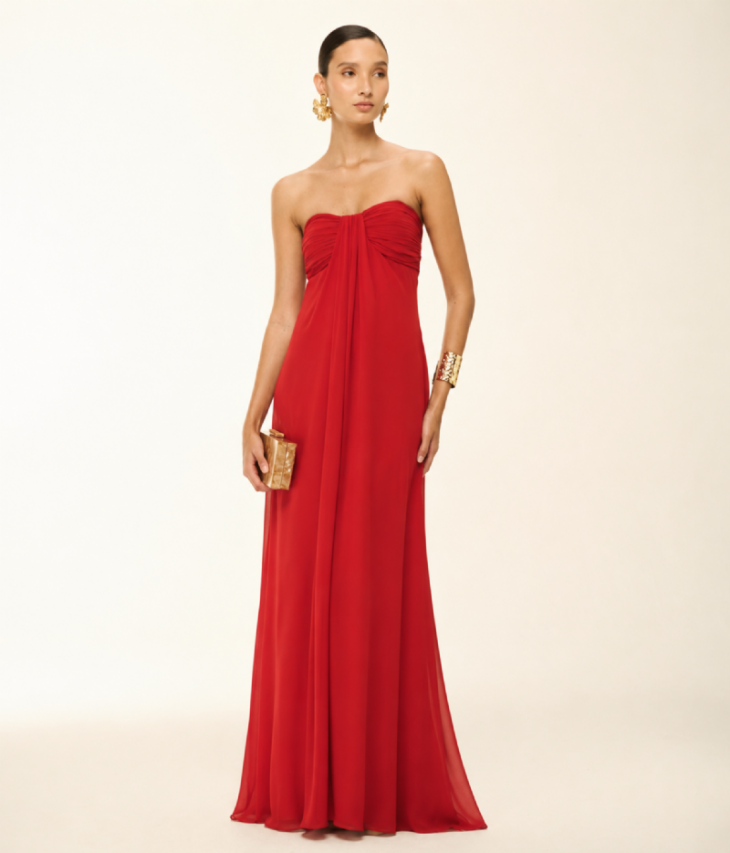 VESTIDO LONGO TOMARA QUE CAIA COM CORPETE DRAPEADO
