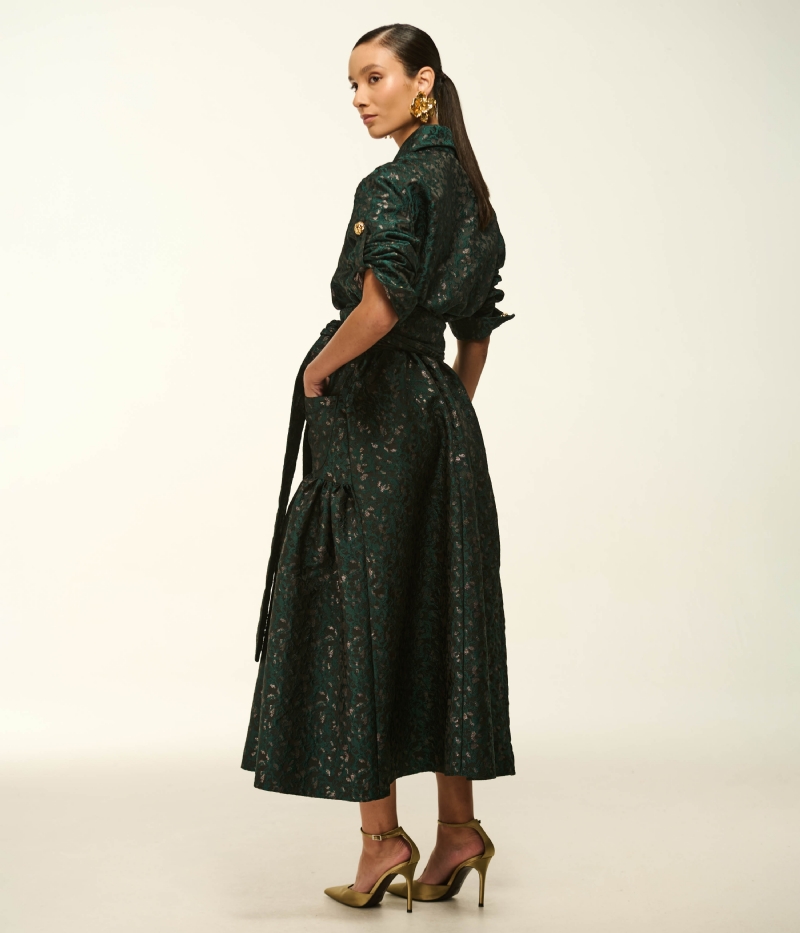 VESTIDO MIDI CHEMISE EM JACQUARD COM SAIA EM CAMADAS