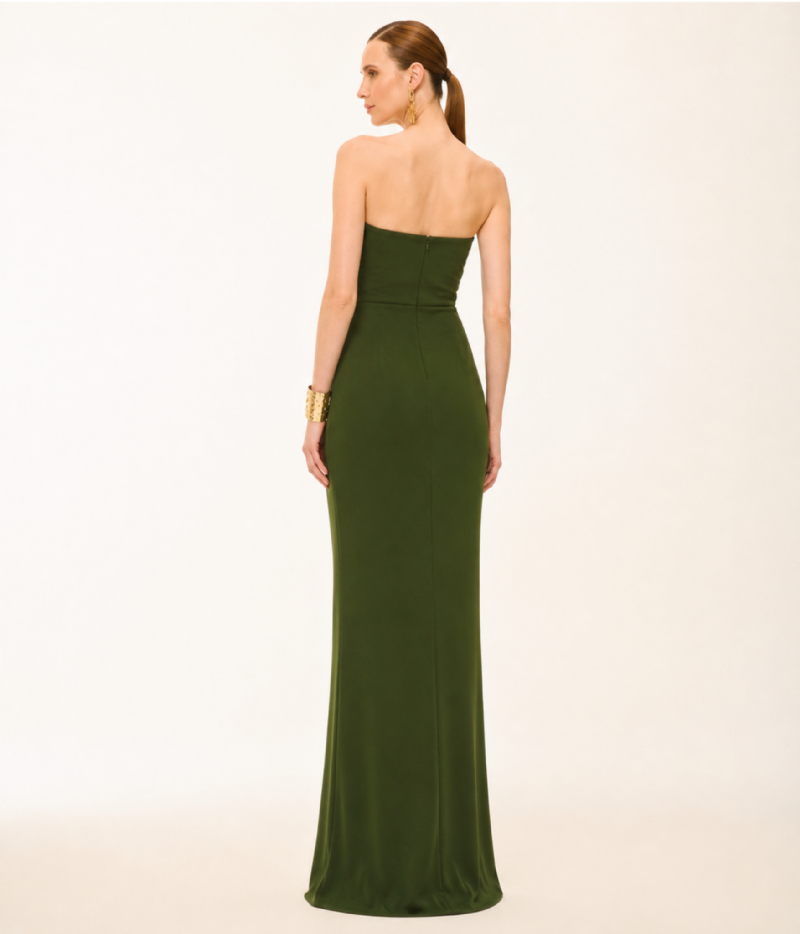 VESTIDO LONGO EM CREPE DE MALHA COM DRAPEADO ESCULTURAL