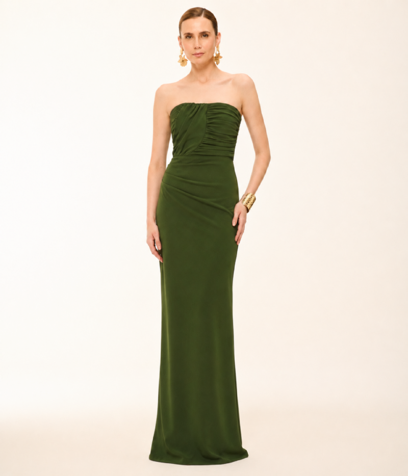 VESTIDO LONGO EM CREPE DE MALHA COM DRAPEADO ESCULTURAL