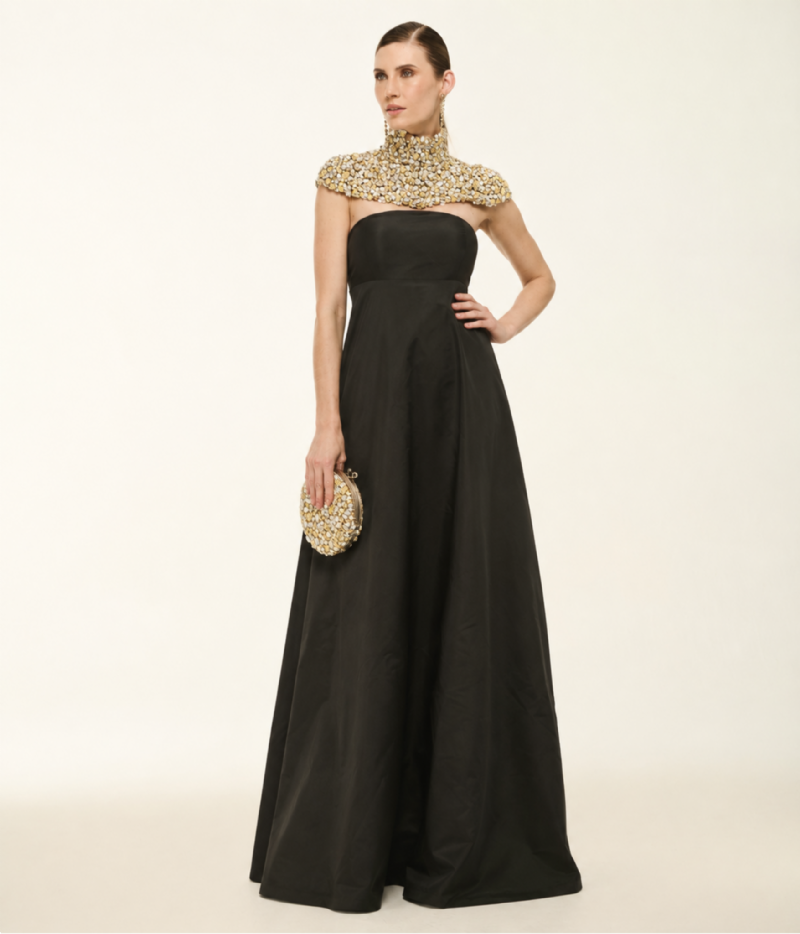 VESTIDO LONGO EM TAFETÁ COM CORPO ESTRUTURADO E SAIA A-LINE