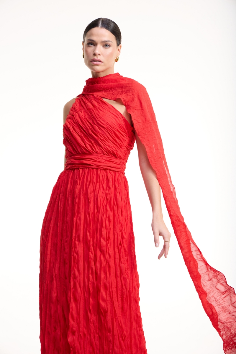 VESTIDO LONGOVERMELHO DETALHE PESCOÇO ECHARPE