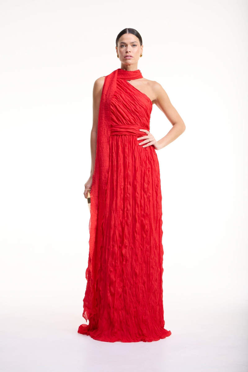 VESTIDO LONGOVERMELHO DETALHE PESCOÇO ECHARPE