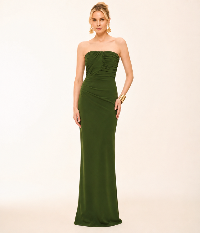 VESTIDO LONGO EM CREPE DE MALHA COM DRAPEADO ESCULTURAL