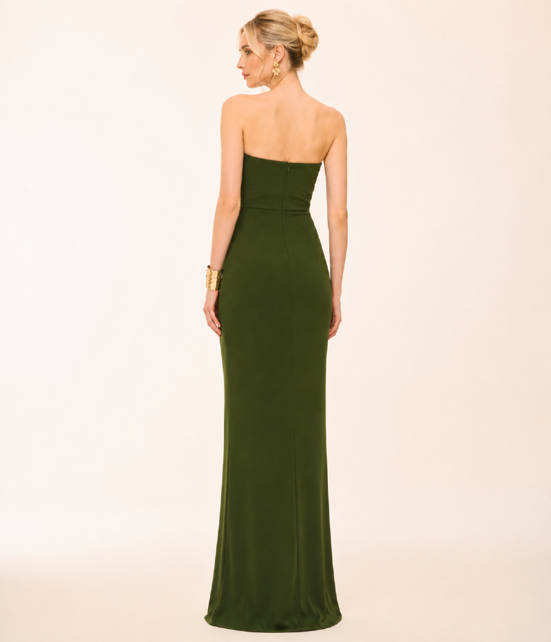 VESTIDO LONGO EM CREPE DE MALHA COM DRAPEADO ESCULTURAL