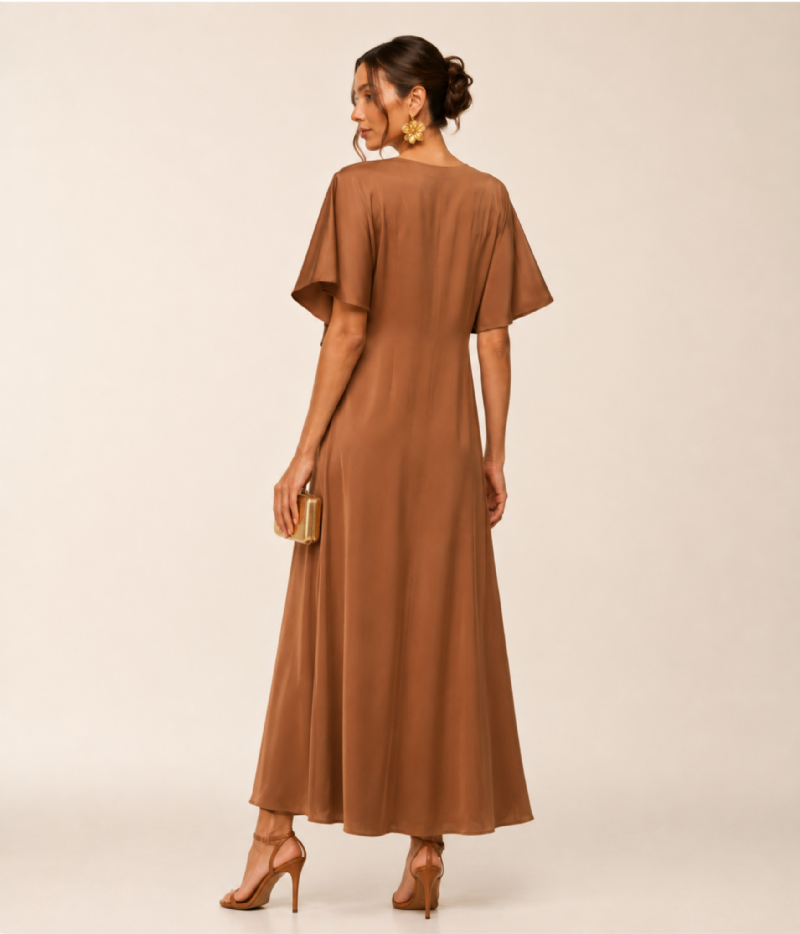 VESTIDO MIDI EM CETIM COM DECOTE V E CINTURA ESTRUTURADA
