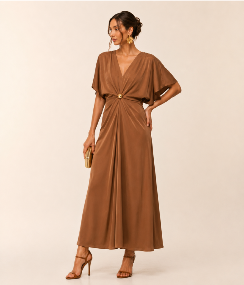 VESTIDO MIDI EM CETIM COM DECOTE V E CINTURA ESTRUTURADA