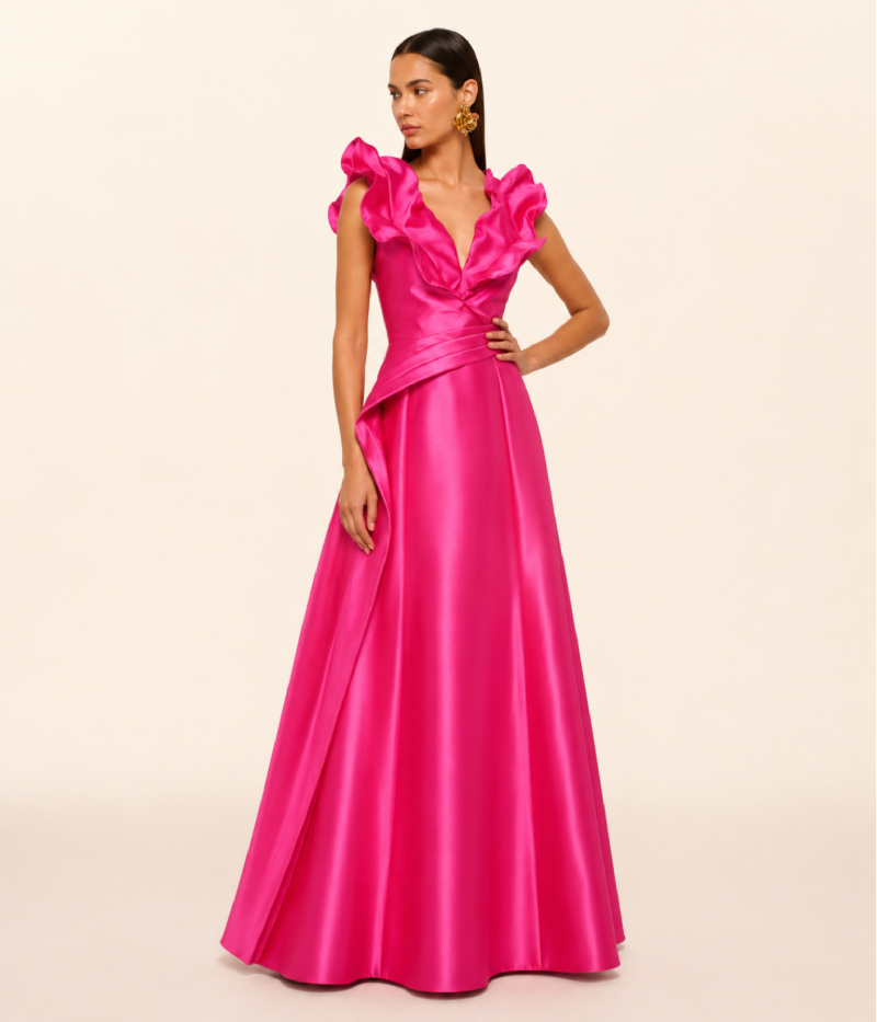 VESTIDO LONGO EM ZIBELINE COM VOLUMES ESCULTURAIS E CINTURA MARCADA