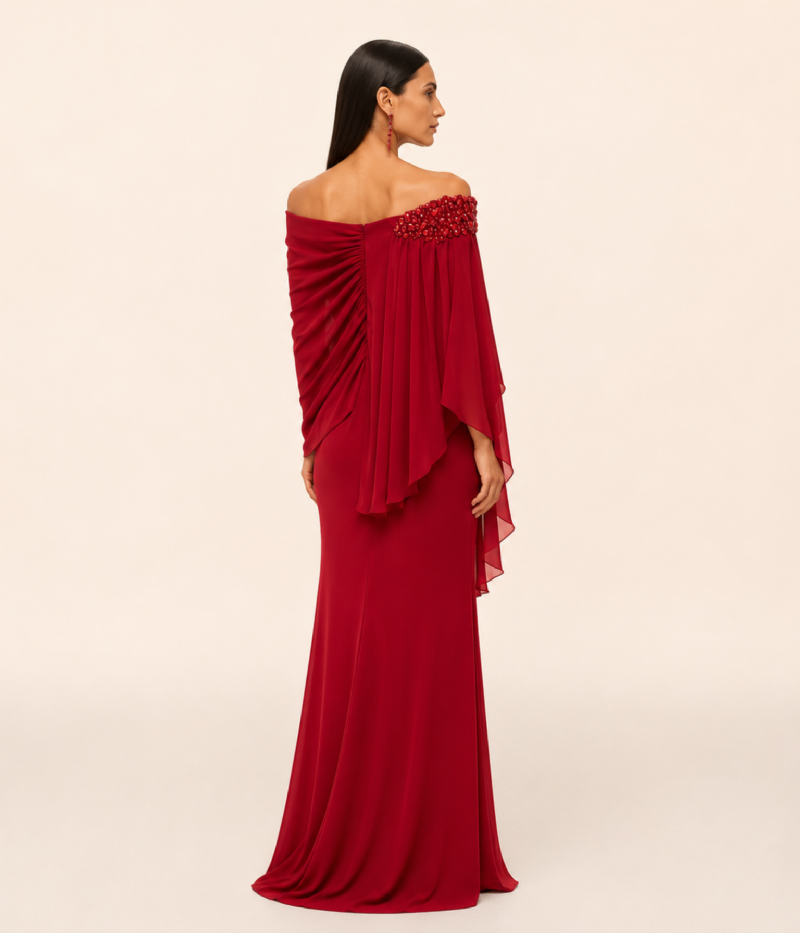 VESTIDO TOMARA QUE CAIA EM CREPE FLUIDO COM OMBRO BORDADO