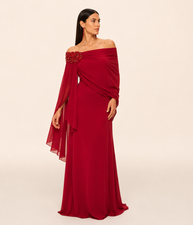VESTIDO TOMARA QUE CAIA EM CREPE FLUIDO COM OMBRO BORDADO