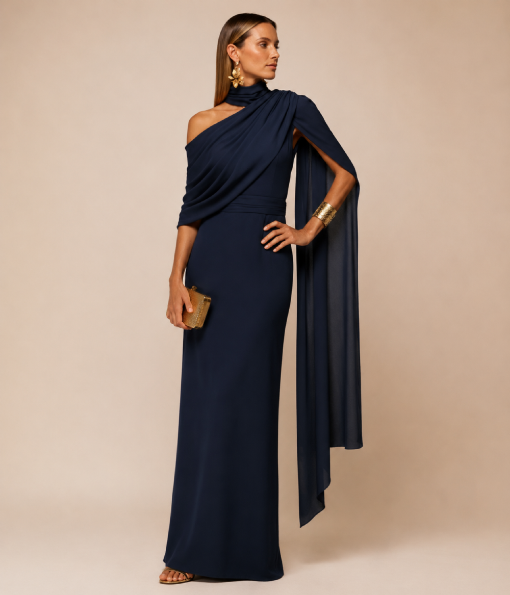 VESTIDO LONGO EM CREPE FLUIDO COM DECOTE ASSIMÉTRICO E DRAPEADO