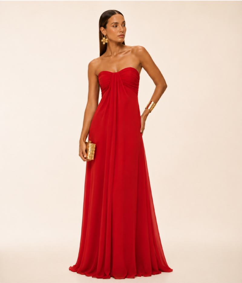 VESTIDO LONGO TOMARA QUE CAIA COM CORPETE DRAPEADO