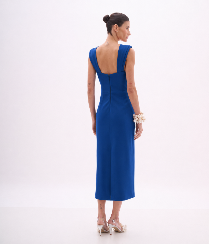 VESTIDO EM CREPE DE MALHA COM FENDA POSTERIOR AZUL