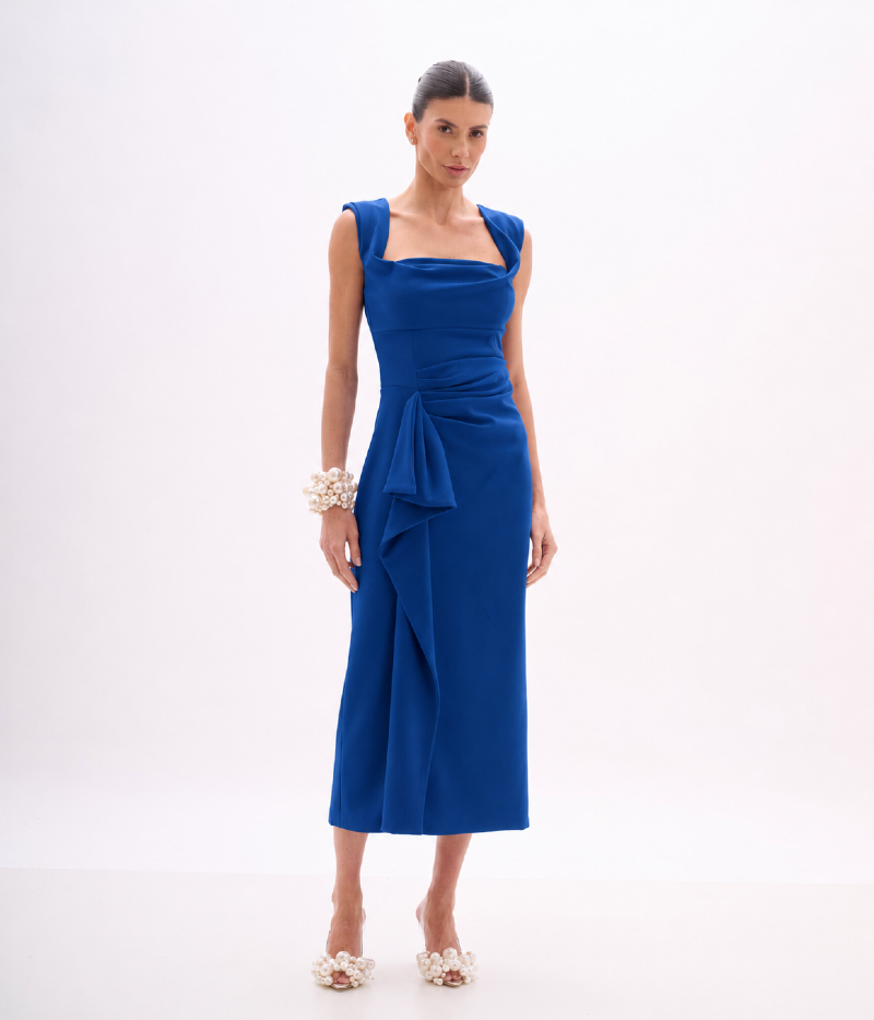 VESTIDO EM CREPE DE MALHA COM FENDA POSTERIOR AZUL