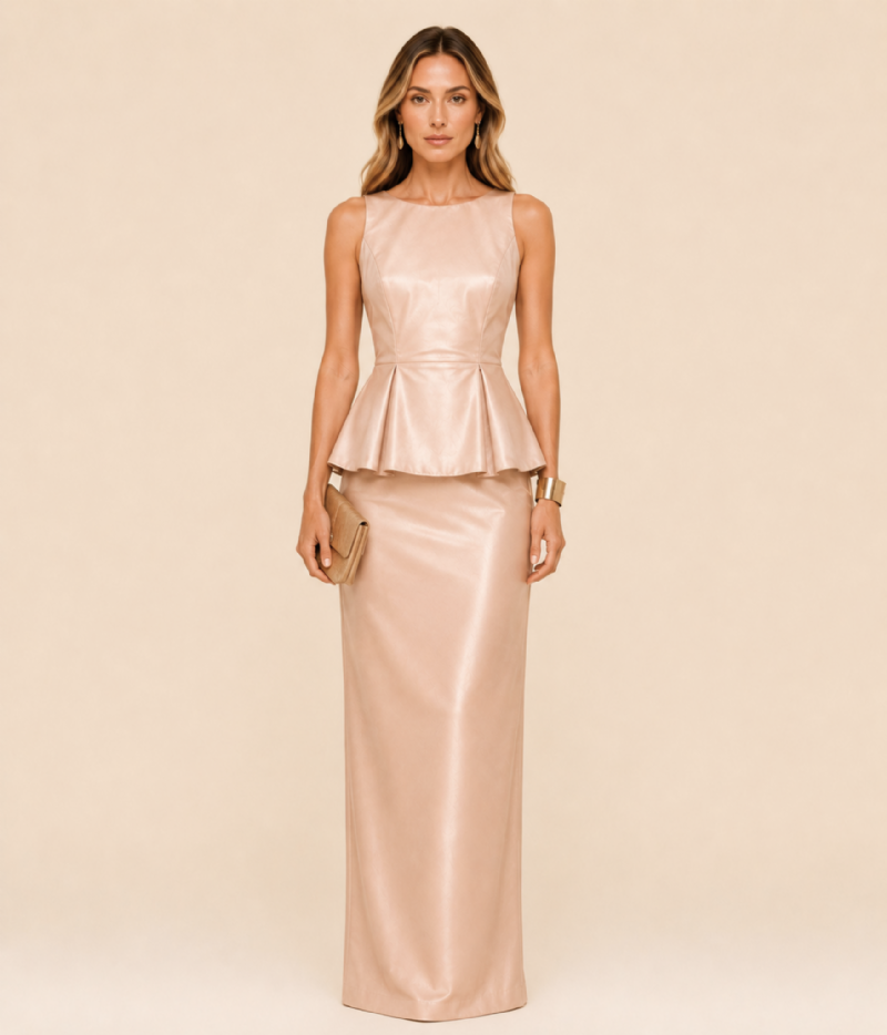 CONJUNTO ESTRUTURADO EM ZIBELINE COM TOP PEPLUM E SAIA LONGA
