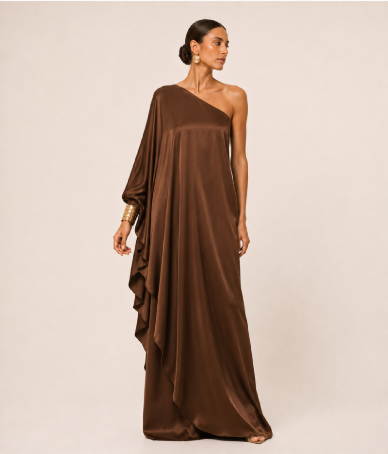VESTIDO MIDI EM CETIM COM PUNHO BRACELETE EXCLUSIVO