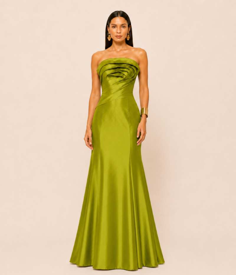VESTIDO LONGO SEREIA EM TAFETÁ COM BUSTO ESCULTURAL