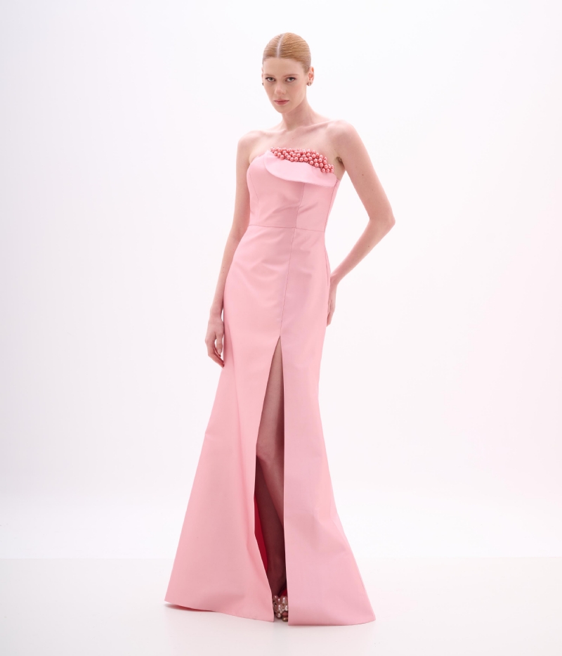 VESTIDO LONGO TOMARA QUE CAIA EM ZIBELINE COM PÉROLAS